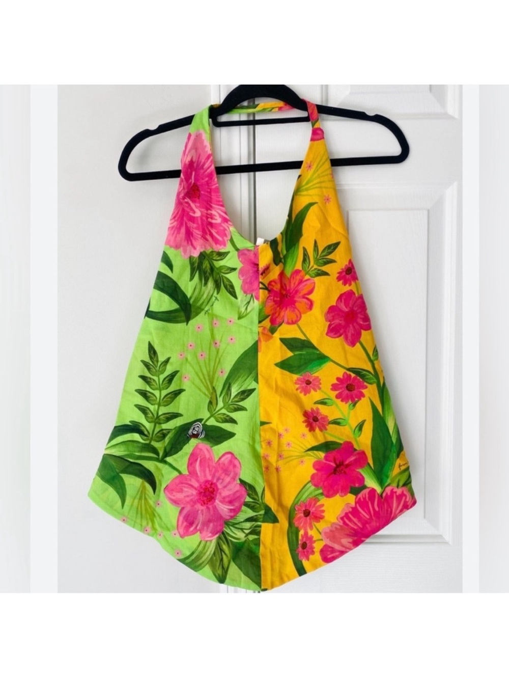 FARM Rio Green & Yellow Floral Halter Top with Pink Blooms